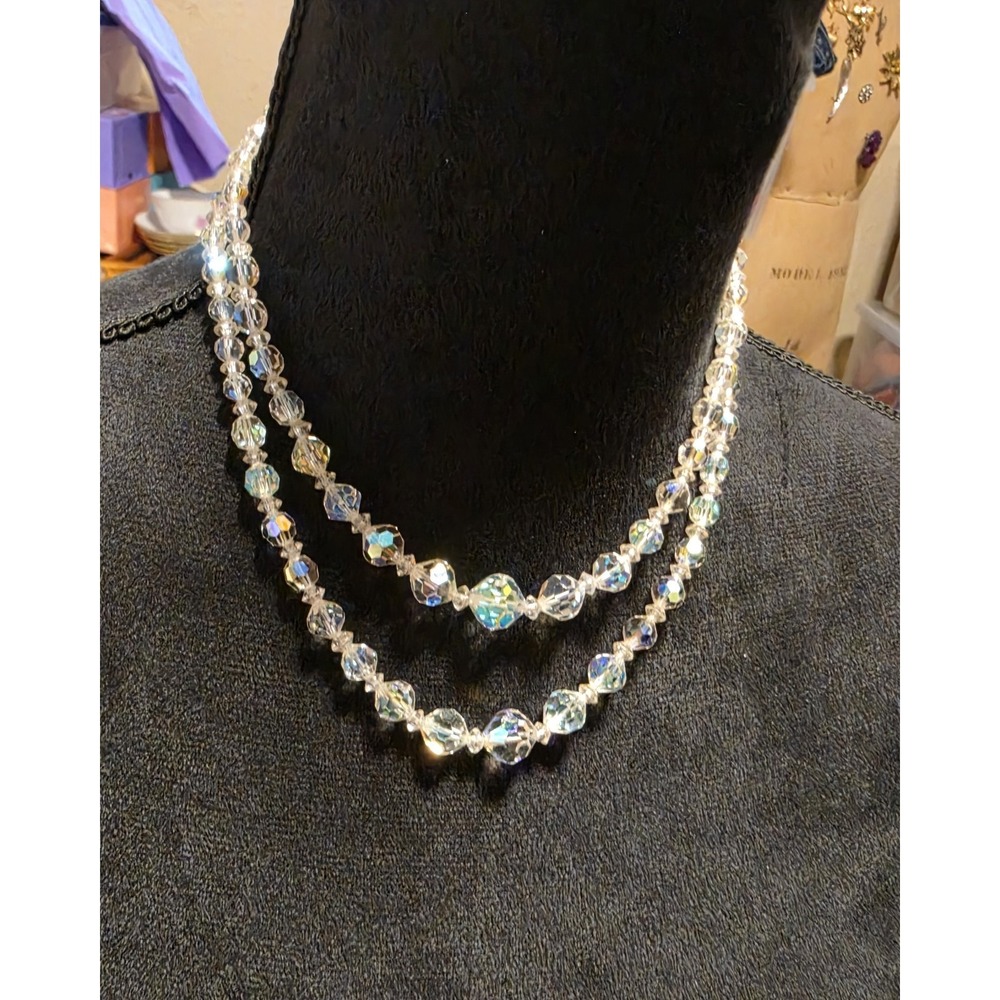 Vintage Double Strand Aurora Borealis AB Glass Crystal Necklace
